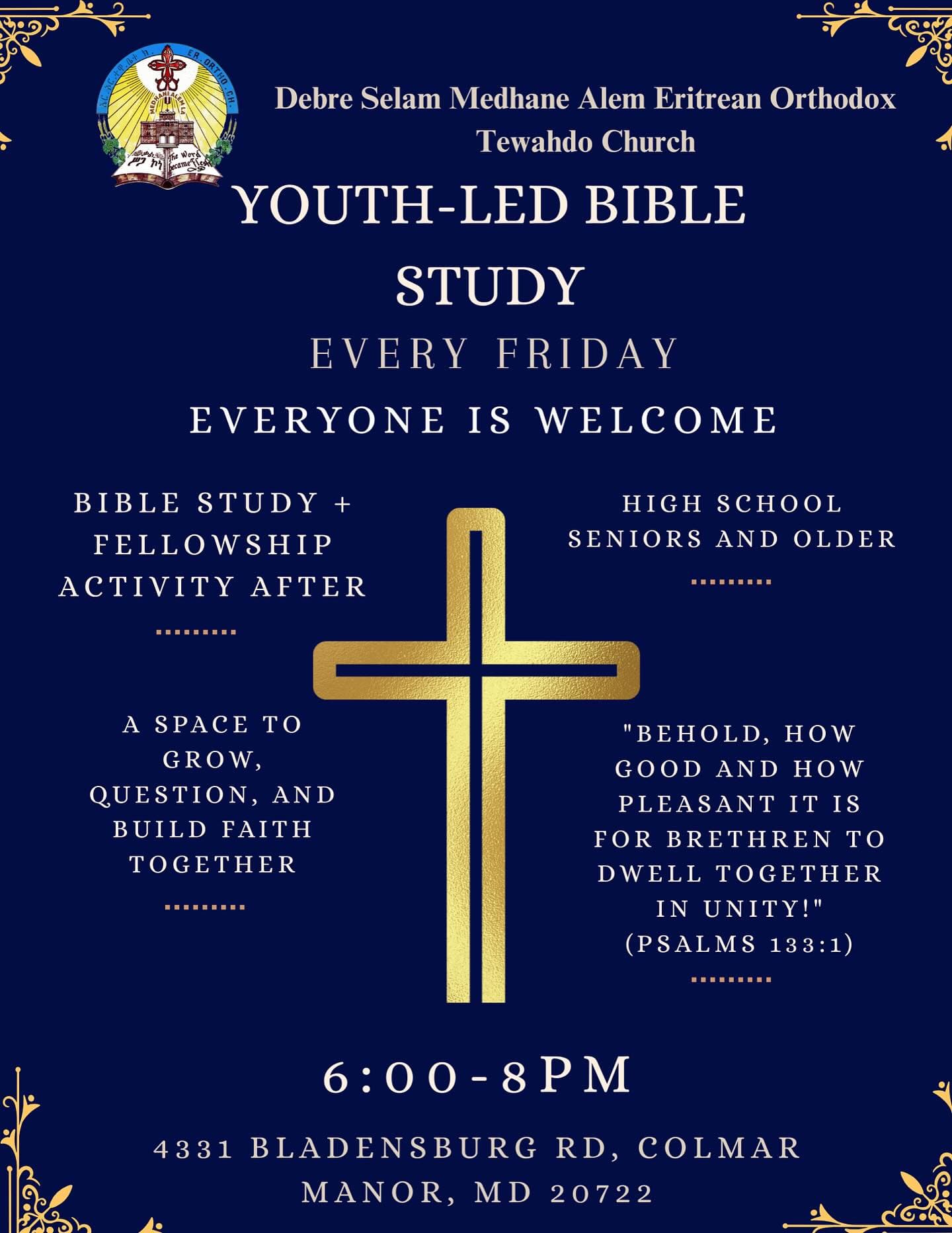 Youth-Led Bible Study flyer — Every Friday 6:00 to 8:00 PM, everyone is welcome